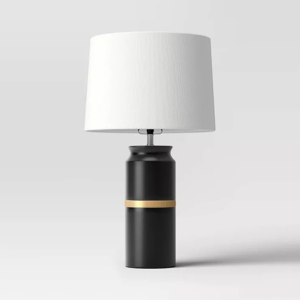 New! Threshold Ceramic and Wood Modern Black Cylinder Table Lamp